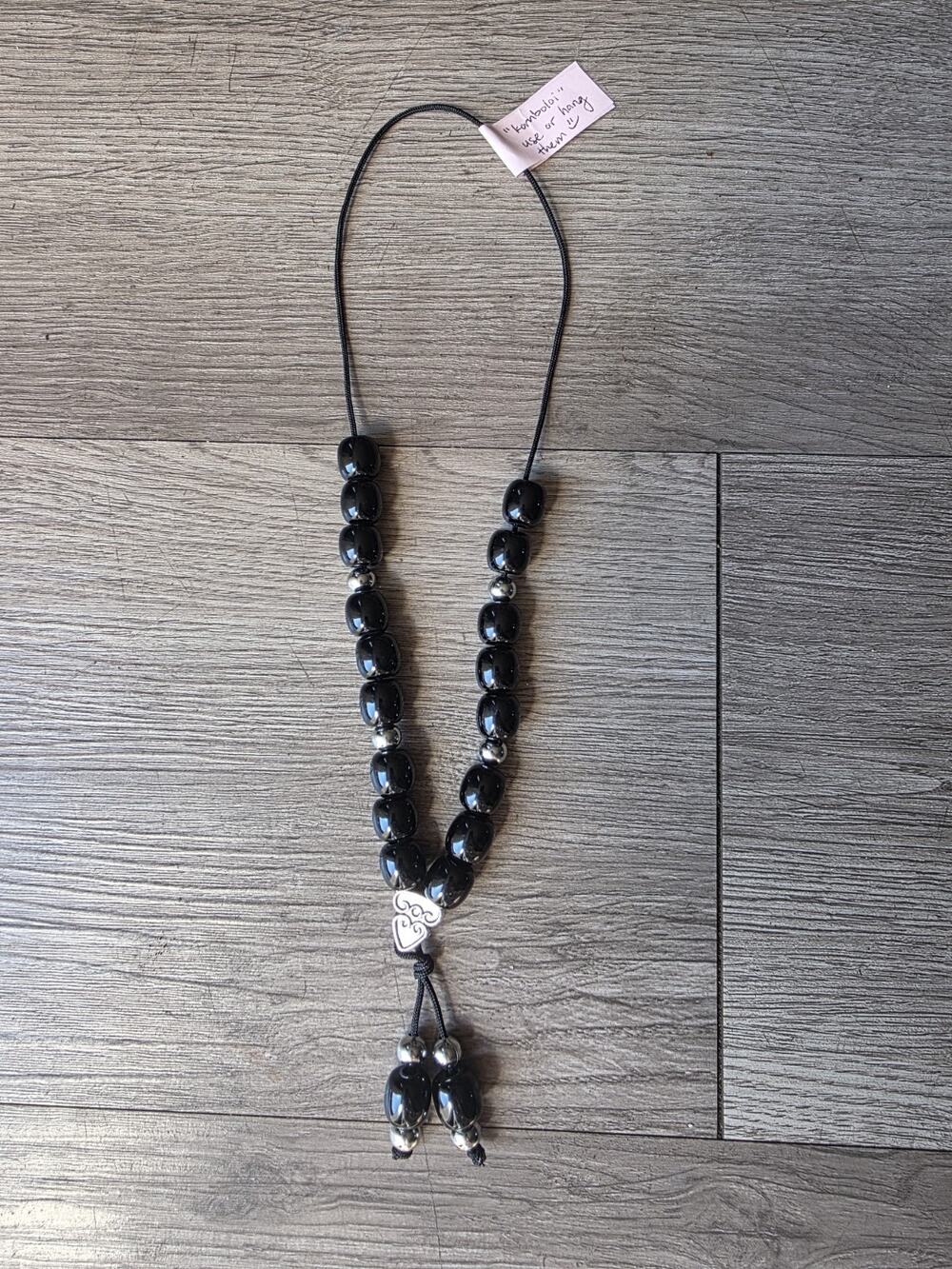 Komboloi Greek Worry Beads Black Acrylic Beads Silver Tone Heart Adjustable